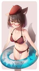  1girl animal_ears bare_arms bare_shoulders beret bikini black_hair breasts brown_bikini closed_mouth collarbone fang floral_print fox_ears fox_girl fox_tail front-tie_bikini front-tie_top glasses halterneck hat highres holding innertube looking_at_viewer medium_breasts mole mole_on_breast navel original red-framed_eyewear red_headwear saraki semi-rimless_eyewear short_hair side-tie_bikini solo stomach string_bikini swimsuit tail thighs under-rim_eyewear wavy_mouth yellow_eyes 