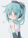  1girl alternate_hair_ornament alternate_hairstyle arms_behind_back bare_shoulders black_ribbon blue_eyes blue_hair blush breasts closed_mouth detached_sleeves dot_nose eyebrows_visible_through_hair eyes_visible_through_hair facing_viewer grey_background hair_over_shoulder hair_ribbon happy hatsune_miku headset heart high_ponytail highres hitode loli looking_away looking_down microphone number_tattoo ponytail ribbon shirt shoulder_tattoo shy sideboob sidelocks simple_background sleeveless sleeveless_shirt small_breasts smile solo striped striped_ribbon tareme tattoo upper_body vocaloid white_shirt 