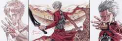  absurdres archer_(fate) command_spell dominic_ian_cabatit dual_wielding emiya_shirou fate/stay_night fate_(series) field_of_blades frown gears grey_hair hand_up highres holding long_sleeves looking_at_viewer male_focus multiple_views red_sleeves short_hair spiky_hair unlimited_blade_works_(reality_marble) v-shaped_eyebrows waist_cape 