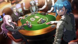  1girl 3boys absurdres adjusting_eyewear aoyama_kazuki aqua_necktie artist_request black_coat black_gloves black_hair black_jacket black_vest blue_gemstone card casino casino_card_table cast coat collared_shirt copyright_notice earrings gem glasses gloves gotanda_yutaka grey_hair grey_vest grin hair_slicked_back hand_up highres holding holding_card jacket jewelry kamiki_yui_(tribe_nine) lapel_pin long_hair looking_at_viewer looking_back multicolored_hair multiple_boys multiple_rings necktie official_art on_chair open_clothes open_jacket outstretched_arms pink_hair playing_card poker_chip purple_necktie ring shirt short_hair single_earring sitting smile sonoda_fucho streaked_hair table teeth tribe_nine two-tone_hair vest white_hair white_shirt 