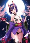  1girl :d absurdres bare_shoulders branch breasts cherry_blossoms collarbone commentary_request cowboy_shot cup eyebrows_visible_through_hair eyeliner eyes_visible_through_hair fangs fate/grand_order fate_(series) full_moon glint highres holding horns japanese_clothes kimono makeup moon navel night night_sky obi off_shoulder oni oni_horns open_mouth petals power_(lu_power) purple_hair purple_kimono revealing_clothes sakazuki sash short_eyebrows short_hair shuten_douji_(fate/grand_order) sky small_breasts smile solo sparkle star_(sky) starry_sky thighs twitter_username violet_eyes wide_sleeves 