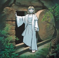 1girl bad_feet blonde_hair blue_eyes cave commentary cosplay easter english_commentary fine_art_parody grass hand_rest he_lives_(simon_dewey) highres hololive hololive_english jesus jesus_(cosplay) looking_up medium_hair msgrime outdoors parody plant robe smile solo standing the_bible tree triangle_nose watson_amelia white_robe 