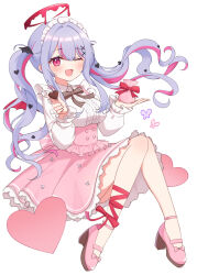  1girl bag bat_hair_ornament black_bow black_bowtie blue_hair bow bowtie breasts candy chocolate food frilled_skirt frilled_sleeves frills furutori hair_between_eyes hair_ornament halo heart heart-shaped_chocolate heart-shaped_food high-waist_skirt highres hino_ageha holding holding_bag holding_chocolate holding_food indie_virtual_youtuber knees_together_feet_apart long_hair long_sleeves looking_at_viewer maid_headdress medium_breasts money_bag multicolored_hair one_eye_closed pink_eyes pink_hair pink_skirt red_halo red_ribbon ribbon shirt simple_background sitting skirt smile solo streaked_hair twintails valentine very_long_hair virtual_youtuber white_background white_shirt x_hair_ornament 
