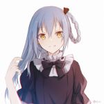  1other androgynous bangs blue_hair blush braid eyebrows_visible_through_hair frills hair_between_eyes hair_ribbon hand_in_hair long_hair looking_at_viewer open_mouth ribbon rimuru_tempest simple_background smile solo tensei_shitara_slime_datta_ken tohoko_kiri white_background yellow_eyes 