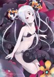 1girl :o abigail_williams_(fate/grand_order) abigail_williams_(swimsuit_foreigner)_(fate) bangs bare_arms bare_shoulders bikini black_bikini black_bow bow collarbone commentary_request double_bun eyebrows_visible_through_hair fate/grand_order fate_(series) hair_bow highres kobi_(piliheros2000) long_hair looking_at_viewer navel orange_bow pale_skin parted_bangs parted_lips polka_dot polka_dot_bow seiza sidelocks silver_hair sitting solo strapless strapless_bikini suction_cups swimsuit tentacles v-shaped_eyebrows very_long_hair violet_eyes 