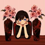 1girl :&lt; black_shirt blue_eyes brown_hair closed_mouth flower ka_(marukogedago) looking_to_the_side original pink_background pink_flower pink_rose plant potted_plant rose shirt short_hair solo 