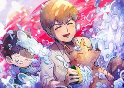  2boys ^_^ alternate_costume aoki_(fumomo) black_eyes black_hair blonde_hair blue_sweater blunt_bangs bubble casual closed_eyes collared_shirt commentary_request dog grey_shirt hair_between_eyes happy holding holding_sponge kageyama_shigeo light_blush light_frown long_sleeves looking_at_another male_focus mob_psycho_100 multiple_boys official_style one_eye_closed open_mouth pink_background reigen_arataka shirt short_hair sleeves_rolled_up smile soap sponge surprised sweater turtleneck turtleneck_sweater upper_body washing_animal 