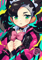  1girl :&lt; anidler91 asymmetrical_bangs black_choker black_hair blue_eyes bow bowtie choker closed_mouth eyelashes highres jacket long_sleeves looking_at_viewer marnie_(academy)_(pokemon) marnie_(pokemon) official_alternate_costume pink_bow pink_bowtie pokemon pokemon_masters_ex school_uniform solo twintails upper_body 