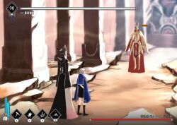  1boy 2girls android armor black_dress blue_cloak boss_fight cloak commentary_request confrontation dress ender_lilies_quietus_of_the_knights ender_magnolia_bloom_in_the_mist fake_screenshot floating full_body gilroy_(ender_magnolia) gold_armor grey_hair heads-up_display health_bar levitation lilac_(ender_magnolia) multiple_girls nola_(ender_magnolia) pillar sorakaze_(mire) user_interface 