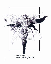  1boy alternate_form cape character_name claws demon dominic_ian_cabatit elbow_blade elbow_spikes emperor_(ff2) final_fantasy final_fantasy_ii fingernails full_body greyscale hands_up highres holding holding_scepter horns knee_pads looking_at_viewer male_focus monochrome multiple_horns reaching reaching_towards_viewer scepter sharp_fingernails shoulder_spikes solo spikes very_long_fingernails waist_cape 