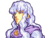  1boy berserk cape close-up closed_mouth english_commentary face fire_emblem frown glaceo glaring griffith_(berserk) intelligent_systems long_hair looking_down lowres nintendo parody pixel_art portrait purple_cape solo style_parody transparent_background upper_body white_hair 