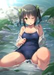  1girl absurdres bare_legs bare_shoulders black_hair blue_swimsuit blurry blurry_background breasts collarbone day green_eyes green_ribbon hair_between_eyes hair_ribbon highres hitoi knee_up looking_at_viewer medium_breasts medium_hair natsume_nae one_eye_closed original outdoors ribbon school_swimsuit shirt sidelocks sitting solo swimsuit two_side_up water wet wet_clothes wet_shirt white_shirt 