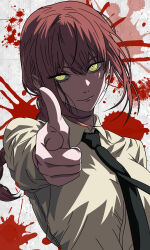  1girl absurdres aiming aiming_at_viewer black_necktie blood blood_splatter braid braided_ponytail chainsaw_man closed_mouth collared_shirt commentary_request finger_gun formal_clothes hair_between_eyes highres long_hair long_sleeves looking_at_viewer makima_(chainsaw_man) necktie office_lady outstretched_arm pointing pointing_at_viewer red_hair ringed_eyes shirt sidelocks smile solo straight-on upper_body venom001112222 white_shirt yellow_eyes 