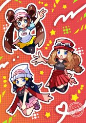  3girls :d :o anidler91 black_hair black_pantyhose black_shirt blonde_hair blue_eyes brown_hair chibi chibi_only closed_mouth double_bun eyewear_on_headwear hair_bun hat heart highres hikari_(pokemon) long_hair looking_at_viewer multiple_girls open_mouth outline pantyhose pink_skirt pokemon pokemon_bw2 pokemon_dppt pokemon_xy red_hat red_scarf red_skirt rosa_(pokemon) scarf serena_(pokemon) shirt shorts skirt sleeveless sleeveless_shirt smile star_(symbol) sunglasses twintails visor_cap white_hat white_outline yellow_shorts 