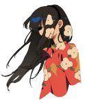  1girl black_eyes black_hair black_hairband collared_shirt covered_mouth floral_print hair_over_mouth hair_over_one_eye hairband highres ka_(marukogedago) long_hair one_eye_covered original red_shirt shirt simple_background solo upper_body white_background wing_collar 