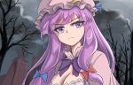  1girl bare_tree blue_bow blue_ribbon bow bowtie breasts clouds cloudy_sky collar commentary_request crescent crescent_moon_pin eyebrows_visible_through_hair hair_bow hat hat_ribbon large_breasts light_frown long_hair mob_cap namiki_(remiter00) patchouli_knowledge purple_bow purple_hair purple_neckwear red_bow ribbon sky solo touhou tree upper_body very_long_hair violet_eyes 