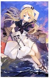  1girl :o bangs black_neckwear blue_eyes blush border dated dress hand_on_headwear hat highres jervis_(kantai_collection) kantai_collection long_hair nagasawa_tougo neckerchief ocean open_mouth outdoors rigging sailor_collar sailor_dress sailor_hat short_sleeves sky socks solo twitter_username water white_border white_dress white_headwear white_legwear 