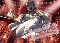  1boy 55wa1059ka black_choker black_nails boots bracelet brooch brown_hair chain chain_necklace character_name choker coat coat_on_shoulders concert crimzon_ruze crowd ear_piercing earrings fangs fur_collar fur_trim gem glowstick gold_bracelet gold_ring highres holding holding_microphone holostars holostars_english idol idol_clothes jewelry knee_up male_focus microphone middle_finger multicolored_hair nail_polish necklace open_mouth pants pectoral_cleavage pectorals penlight_(glowstick) piercing pointy_ears red_gemstone ring scar scar_on_chest solo spotlight stage stage_lights star_brooch two-tone_hair vest violet_eyes virtual_youtuber white_boots white_coat white_pants 