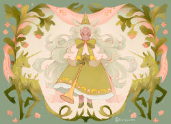  1girl animal artist_name bow commentary creature dress english_commentary flower full_body golden_trumpet green_background green_dress green_eyes green_hair green_shoes green_theme holding holding_instrument holding_trumpet horse instrument long_hair original owlyjules plant pointy_hat procreate_(medium) shoes signature trumpet very_long_hair 