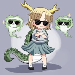  1girl antlers black_shoes blonde_hair blue_shirt blue_skirt blush closed_mouth commentary_request crossed_arms dragon_girl dragon_horns dragon_tail full_body fur-tipped_tail glasses green_scales green_tail hand_on_own_chest highres horns kicchou_yachie looking_at_viewer monster_girl opaque_glasses otter otter_spirit_(touhou) rokugou_daisuke scales shirt shoes short_hair simple_background skirt smile socks square_neckline standing sunglasses tail tinted_eyewear touhou turtle_shell white_socks yellow_horns 