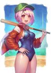  1girl :d bangs baseball_bat baseball_cap blue_swimsuit blush breasts carrying_over_shoulder covered_navel cowboy_shot day green_headwear hair_ornament hairclip hand_on_hip hat highres holding holding_baseball_bat hrtyuk jacket long_hair long_sleeves looking_afar looking_away low_ponytail medium_breasts nijisanji one-piece_swimsuit open_mouth outside_border pink_hair ponytail red_eyes red_jacket school_swimsuit shiina_yuika shiny shiny_clothes shiny_skin skin_tight smile solo swept_bangs swimsuit swimsuit_under_clothes virtual_youtuber 