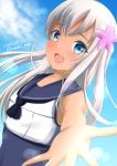  1girl absurdres black_neckwear black_sailor_collar blonde_hair blue_eyes blue_sky blue_swimsuit clouds crop_top highres kantai_collection long_hair looking_at_viewer neckerchief reaching_out ro-500_(kantai_collection) sailor_collar school_swimsuit sky solo swimsuit swimsuit_under_clothes tan tonbury upper_body 