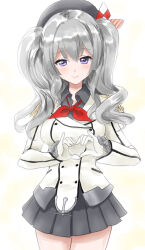  1girl blue_eyes breasts collared_shirt cowboy_shot epaulettes frilled_sleeves frills gloves grey_hair grey_jacket grey_shirt grey_skirt heart heart_hands jacket kantai_collection kashima_(kancolle) kitagawa_mikio large_breasts long_hair looking_at_viewer military_uniform neckerchief pleated_skirt red_neckerchief shirt simple_background skirt smile solo twintails twitter_username wavy_hair white_background white_gloves 