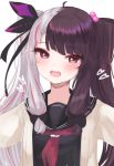  1girl :d black_hair black_ribbon black_sailor_collar black_shirt blush brown_eyes cardigan grey_cardigan grey_hair hair_bobbles hair_ornament hair_ribbon heart keichan_(user_afpk7473) long_hair looking_at_viewer multicolored_hair neckerchief nijisanji open_cardigan open_clothes open_mouth outstretched_arms red_neckwear redhead ribbon sailor_collar school_uniform serafuku shirt simple_background smile solo streaked_hair twintails two-tone_hair upper_body upper_teeth virtual_youtuber white_background yorumi_rena 