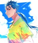  1boy bberry blue_hair closed_mouth clouds cu_chulainn_(fate)_(all) earrings fate/stay_night fate_(series) from_side hair_strand hawaiian_shirt jewelry lancer long_hair looking_at_viewer male_focus multicolored_shirt ponytail profile red_eyes shirt sky smile solo upper_body 