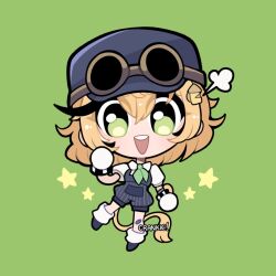  blonde_hair blue_overalls checkered_gloves chibi crankie dooby_(vtuber) goggles goggles_on_headwear green_background green_eyes green_neckerchief indie_virtual_youtuber jerboa_tail neckerchief open_mouth overall_shorts overalls pinstripe_overalls signature steam striped_overalls tail_tuft train_conductor vertical-striped_overalls 