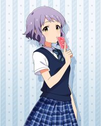  1girl aqua_background between_fingers blue_necktie blue_skirt breasts card card_between_fingers closed_mouth collared_shirt cowboy_shot drop_shadow hand_up holding holding_card idolmaster idolmaster_million_live! idolmaster_million_live!_theater_days looking_at_viewer makabe_mizuki necktie official_art plaid_clothes plaid_skirt playing_card pleated_skirt purple_hair school_uniform shirt short_hair short_sleeves sidelocks skirt small_breasts solo star_(symbol) summer_highscool_(idolmaster) wavy_hair white_shirt yellow_eyes 