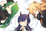  1919_decoy animal_ears arknights bangs bare_shoulders black_gloves black_jacket black_shirt blue_hair ch&#039;en_(arknights) closed_eyes dragon_horns drill_hair drill_locks gloves green_hair hair_between_eyes highres horns hoshiguma_(arknights) jacket long_hair multiple_girls oni_horns pillow shirt side_drill single_horn sleeping sleeveless swire_(arknights) tiger_ears tiger_girl 