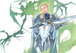  1girl absurdres armor armored_skirt aura awakened_being_(claymore) blonde_hair bodysuit braid braided_ponytail cape claws claymore_(series) covered_navel cowboy_shot dominic_ian_cabatit greatsword grey_eyes highres holding holding_sword holding_weapon long_hair looking_at_viewer low_ponytail monster open_mouth ophelia_(claymore) pauldrons pointy_ears ponytail shoulder_armor silhouette smile solo sword teeth tongue tongue_out upper_teeth_only weapon white_bodysuit white_cape wide-eyed 