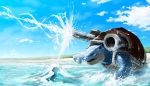  blastoise blue_sky cannon clouds day firing from_side gen_1_pokemon highres hydro_cannon_(pokemon) no_humans ocean outdoors pokemon pokemon_(creature) sky standing teru_sakura waves 