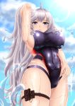  1girl absurdres algerie_(azur_lane) alternate_costume artist_request azur_lane breasts covered_navel eyebrows_visible_through_hair from_below hand_in_hair highleg highleg_swimsuit highres large_breasts long_hair looking_at_viewer one-piece_swimsuit purple_swimsuit sideboob silver_hair skindentation solo swimsuit thigh_strap very_long_hair violet_eyes water wet 