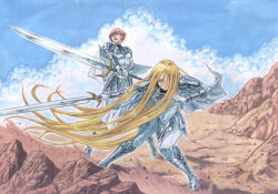 2girls absurdres armor armored_boots armored_skirt blonde_hair blue_sky boots brown_hair cape clarisse_(claymore) claymore_(series) clouds cloudy_sky dominic_ian_cabatit expressionless full_body gloves greatsword grey_eyes hair_over_one_eye highres holding holding_sword holding_weapon long_hair looking_at_viewer miata_(claymore) multiple_girls open_mouth outdoors pantyhose pauldrons rock short_hair shoulder_armor sky standing sword two-handed two-handed_sword v-shaped_eyebrows very_long_hair weapon white_cape white_gloves white_pantyhose 