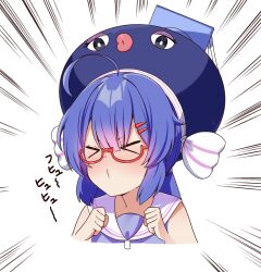  >_< 1girl ahoge blue_hair blue_hat blunt_bangs blush chaakusu closed_eyes cropped_shoulders eel_hat emphasis_lines hair_between_eyes hair_ornament hairclip hands_up hat hat_ribbon highres low_twintails mortarboard o3o otomachi_una otomachi_una_(talkex) ribbon sailor_collar simple_background sleeveless solo striped_ribbon talkex twintails voiceroid whistling white_background white_ribbon 