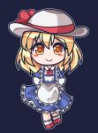  apron artist_request blonde_hair blue_background blue_dress blush bow dress eyebrows_visible_through_hair frilled_apron frilled_skirt frills hat hat_bow highres kana_anaberal puffy_short_sleeves puffy_sleeves red_footwear red_ribbon ribbon short_hair short_sleeves simple_background skirt smile socks touhou touhou_(pc-98) white_headwear yellow_eyes 