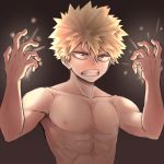  1boy abs angry bakugou_katsuki bangs blonde_hair boku_no_hero_academia brown_background clenched_teeth collarbone commentary_request gradient gradient_background hands_up hane_tomo_yazama highres looking_at_viewer male_focus muscle nipples pectorals red_eyes shirtless short_hair solo spiky_hair teeth upper_body 