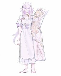  1girl aglaea_(honkai:_star_rail) aiwairanai alternate_costume barefoot butterfly_ornament castorice_(honkai:_star_rail) character_print choker closed_mouth collarbone dakimakura_(object) dress english_commentary flower full_body hair_between_eyes hair_flower hair_ornament holding honkai:_star_rail honkai_(series) implied_yuri long_hair looking_at_viewer pillow pink_eyes pink_flower pink_hair pointy_ears puffy_short_sleeves puffy_sleeves red_choker short_sleeves simple_background smile solo standing star_(symbol) star_hair_ornament white_background white_dress 