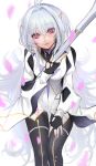  1girl bangs breasts deras dress eyebrows_visible_through_hair fate/grand_order fate_(series) fingerless_gloves gloves hand_on_thigh highres long_hair looking_at_viewer merlin_(fate/prototype) open_mouth petals pink_eyes smile solo staff thigh-highs very_long_hair white_background white_hair 