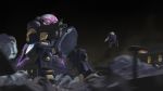  english_commentary extra_eyes grimoire_(gundam) gun gundam gundam_g_no_reconguista highres holding holding_gun holding_shield holding_weapon landing mecha motion_blur myjet no_humans pink_eyes science_fiction shield solo_focus space weapon 