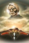  1boy ace_combat ace_combat_7 aircraft airplane beard blue_eyes clouds cloudy_sky commentary english_commentary facial_hair fighter_jet highres jet lens_flare male_focus mihaly_a_shilage military military_vehicle old_man primogenitor34 sky su-30 sun vector_art white_hair x-02s_strike_wyvern 