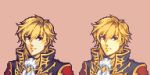  1boy bangs beige_background blonde_hair buskhusker close-up closed_mouth eldigan_(fire_emblem) face fire_emblem hair_between_eyes highres looking_to_the_side pixel_art portrait red_eyes simple_background solo upper_body variations 