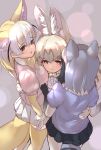  3girls :3 :d animal_ear_fluff animal_ears bangs black_hair black_skirt blonde_hair bow bowtie brown_eyes commentary_request common_raccoon_(kemono_friends) extra_ears eyebrows_visible_through_hair fennec_(kemono_friends) fox_ears fox_tail fur_collar girl_sandwich gloves grey_hair hair_between_eyes hand_on_another&#039;s_waist hug kemono_friends multicolored_hair multiple_girls open_mouth puffy_short_sleeves puffy_sleeves raccoon_ears raccoon_tail sandwiched serval_(kemono_friends) serval_ears serval_tail short_hair short_sleeves skirt smile tadano_magu tail thigh-highs two-tone_hair white_hair white_skirt yellow_eyes yellow_legwear yellow_neckwear 