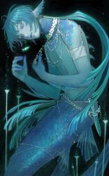  1boy absurdres armband belt black_background blue_eyes blue_hair blue_skin blue_theme bubble chain colored_skin commentary_request dagger fins fish floating_hair glowing glowing_fish head_fins highres jewelry knife male_focus merman monster_boy necklace original parted_lips pearl_necklace scales solo topless_male underwater weapon ya0n0524 