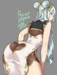  1girl 2020 agawa_ryou artist_name bare_shoulders blue_hair breasts china_dress chinese_clothes clothing_cutout commentary dated dress from_behind grey_background heart_cutout large_breasts looking_at_viewer looking_back original signature simple_background solo thighs 