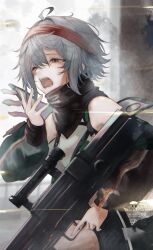  1girl ahoge assault_rifle bandana black_shorts brown_eyes commentary_request g11_(girls&#039;_frontline) girls&#039;_frontline_2:_exilium girls_frontline green_jacket grey_hair gun h&amp;k_g11 hand_up highres holding holding_gun holding_weapon jacket mechty_(girls&#039;_frontline_2) one_eye_closed open_clothes open_jacket open_mouth projectile_trail red_bandana renoahh rifle scope short_hair short_shorts shorts solo trigger_discipline watermark weapon yawning 