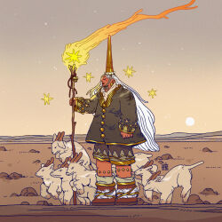  1girl albabg animal boots fire full_body fur_boots goat hat highres holding holding_staff jacket long_hair long_sleeves mage_staff original pointy_hat profile rock shorts sky solo staff standing star_(sky) star_(symbol) starry_sky sun white_hair 