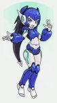  1girl :d android barefoot black_hair blue_eyes breasts commission english_commentary full_body highres humanoid_robot joints long_hair looking_at_viewer lordyanyu open_mouth original robot_joints simple_background small_breasts smile solo tsurime white_skin 